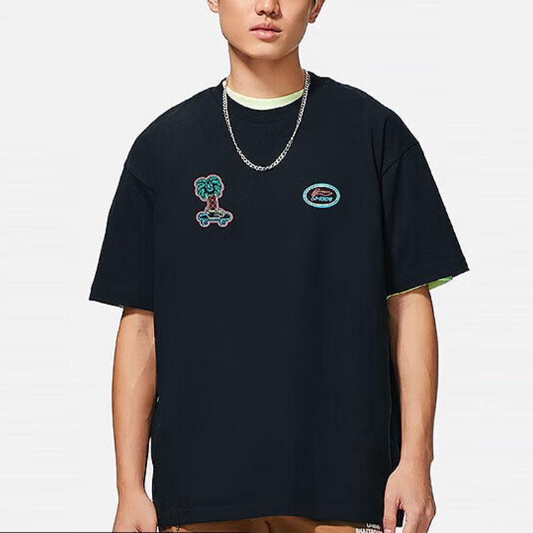 Li Ning Steven Harrington Series Cartoon Letter Pattern Printed Short Sleeve T-Shirt Men Tops Black AHSSC45-1