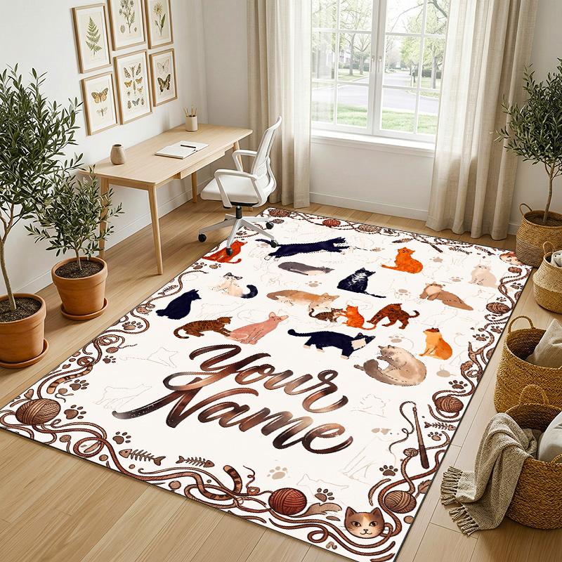 Cat Theme Crystal Velvet Rug Personalized Custom Name Text Soft Floor Mat Home Decor