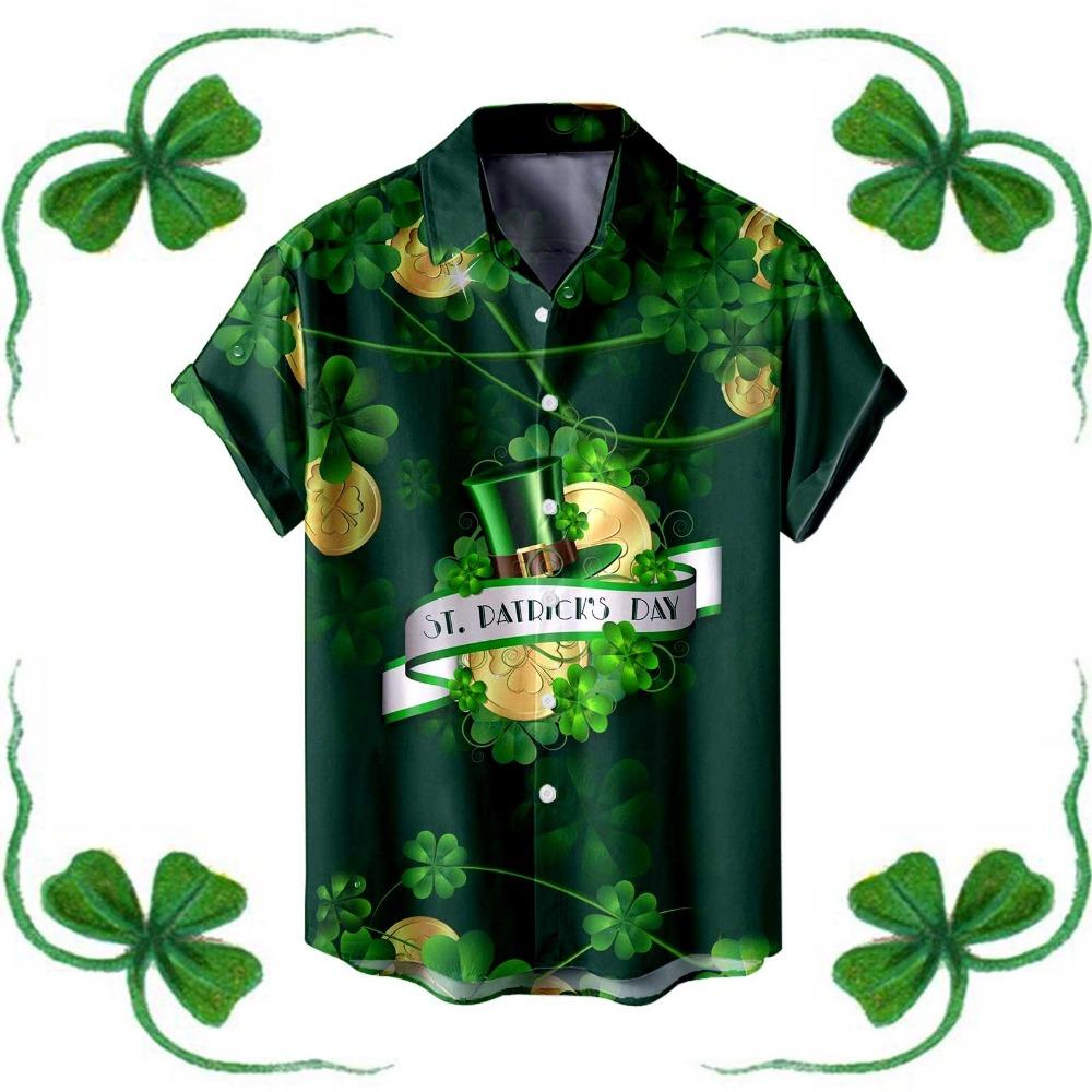 Saint Patrick Mens Shirt Festive Green Shamrock Print Lapel Short Sleeved Shirt Vintage Solid Shirts Cardigan Men's Blouses