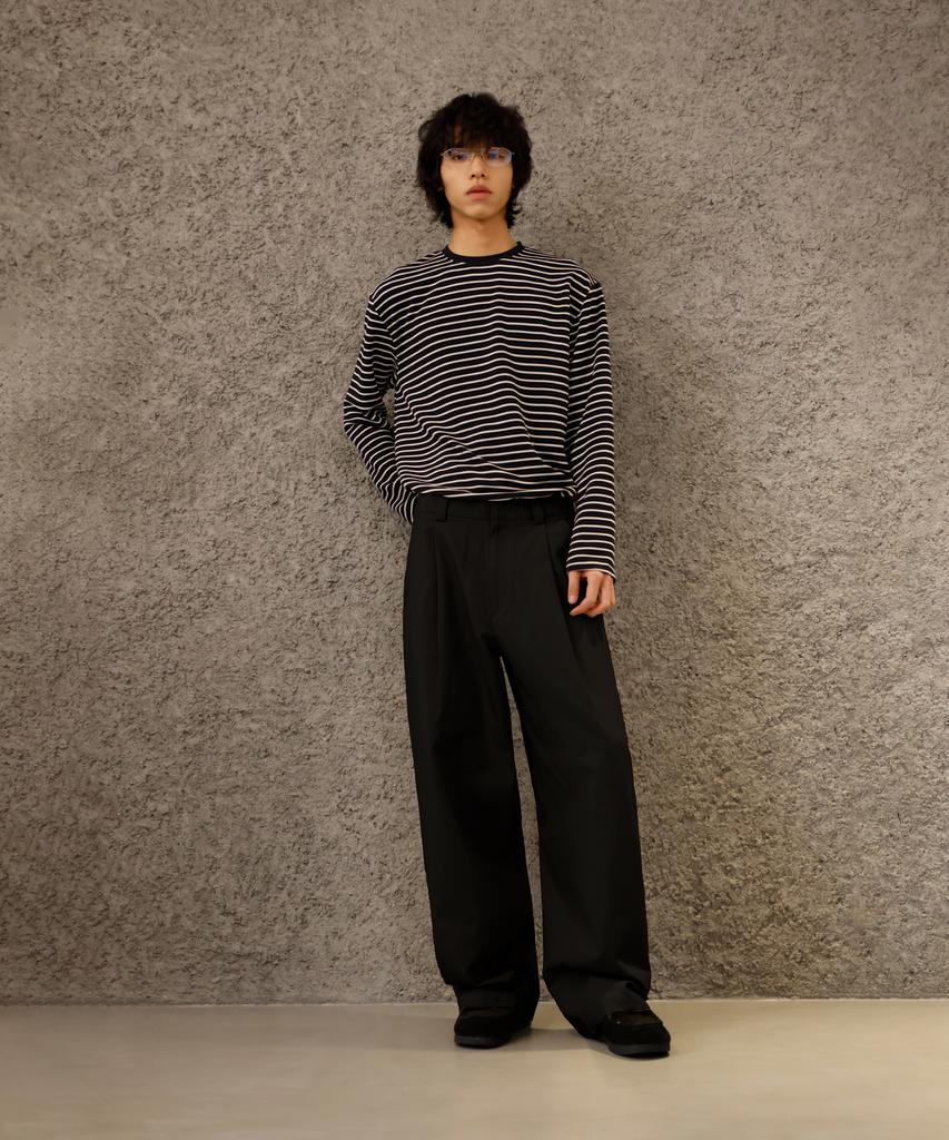 SIGNATURE One-Pleat Wide Cotton Pants [Black]