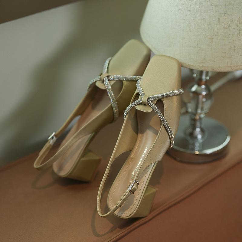 

Satin cross rhinestone strap temperament bag head sandals women wear thick heels square head Mary Jane shoes summer 39