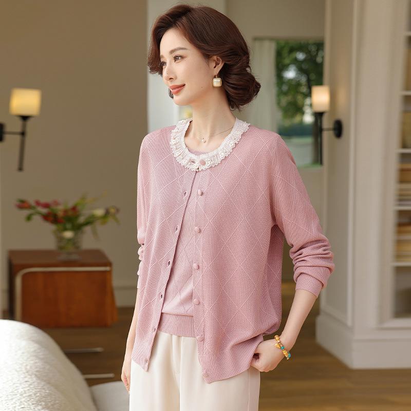 Spring Knit Two-Piece Set: Lightweight Cardigan and Short-Sleeved Top for Middle-Aged and Elderly Women