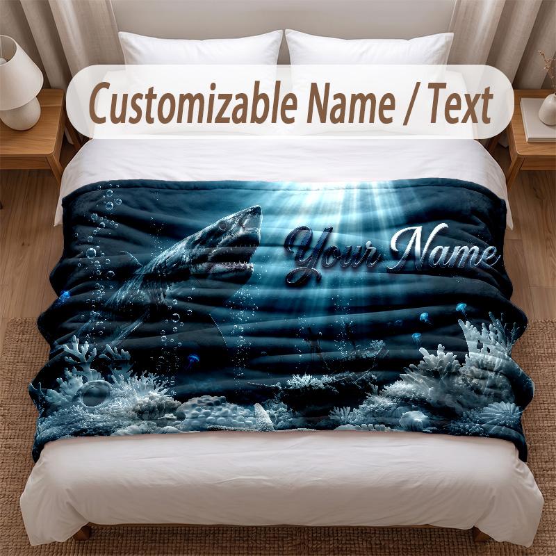 Fish Ocean Theme Soft Blanket Personalized Custom Name Text Print Warm Blanket Home Sofa Bedroom Decor