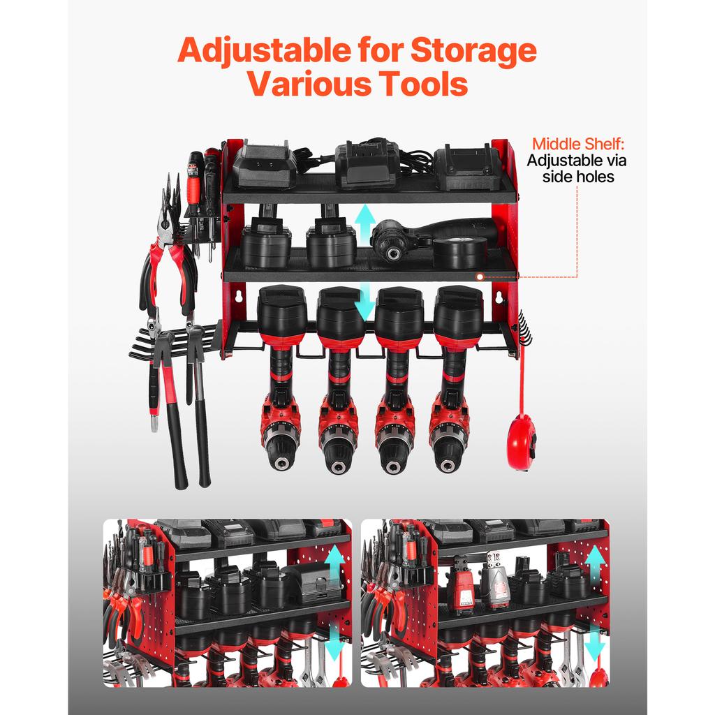 SucceBuy 3-úrovňový nástěnný držák na nářadí Pegboard Nástěnný úložný set nářadí Stojan na ukládání vrtaček/šroubováků pro dílnu/garáž