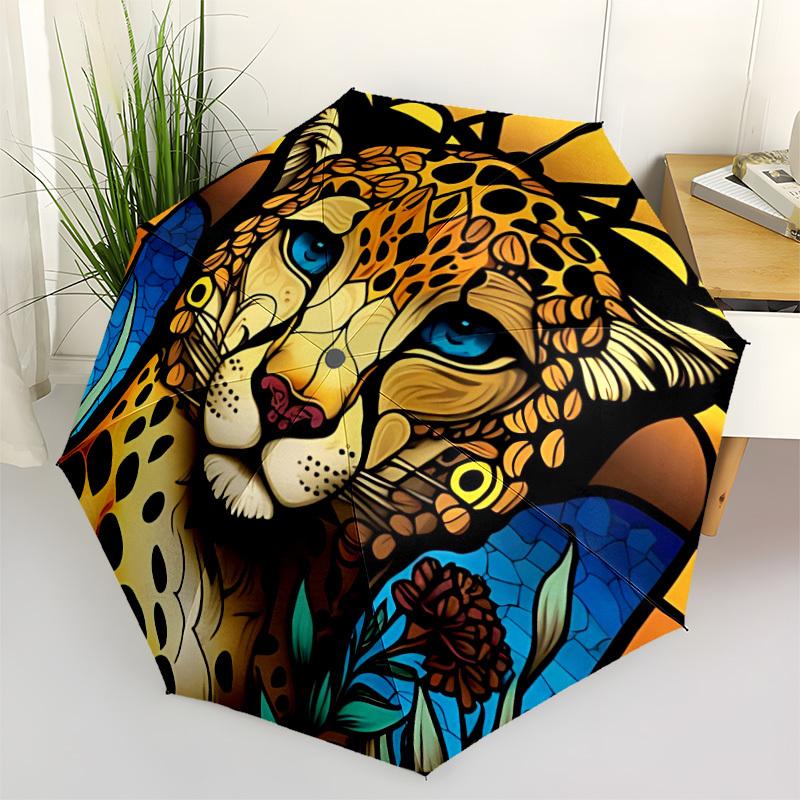 1pc Cheetah StainedGlass Automatic Open/Close Umbrella, Windproof, Folding Compact Umbrella with Lightweight Design for Women/Men046