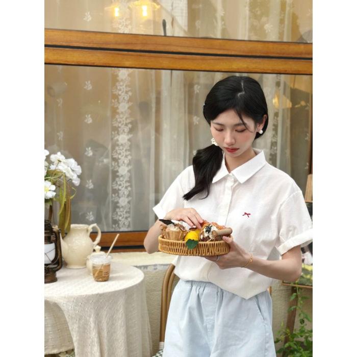 

Bow Embroidery Shirt, Polo Collar Short-sleeved Cardigan, Women s Summer Solid-color Shirt Top S білий