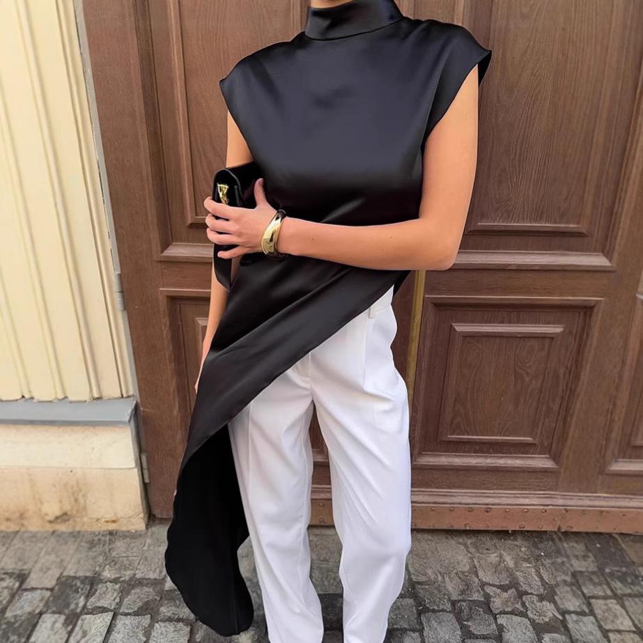 Asymmetrical design black satin dress women's spring and summer simple stacking medium and long vest skirt
