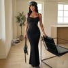 European and American women's clothing, black lace-edged suspender dress, slim and thin fishtail long dress, evening dress dress, women