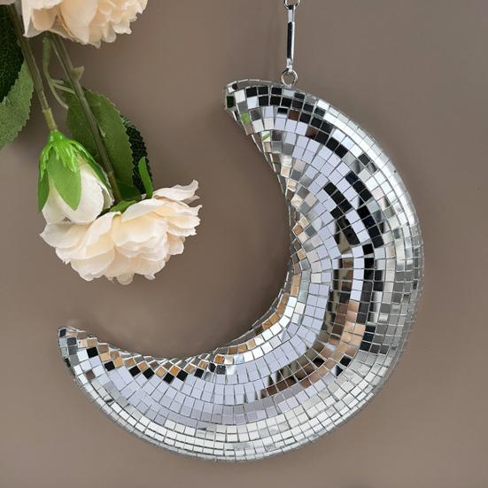 Disco Ball Eye-Catching Moon Shaped Disco Bal Reflective Hanging Ornament with Chain Hook Party Decor