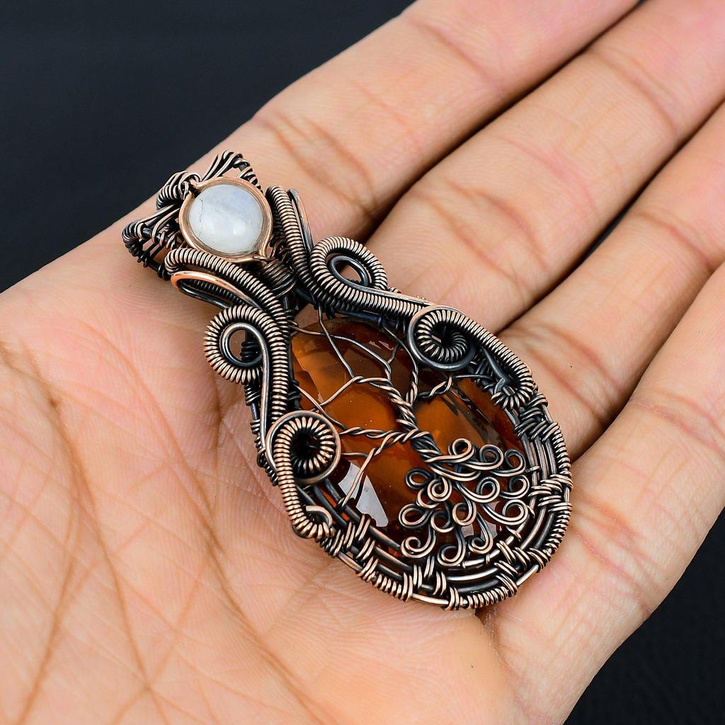 Citrine & Moonstone Gemstone Handmade Pure Copper Wire Wrap Jewelry Pendant For Thanksgiving