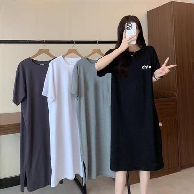 Summer Ins Korean Version Long T-shirt Dress, Women's Loose Large-sized Short-sleeved Slit Over-the-knee Dress, and A Long Skirt That Covers The Belly