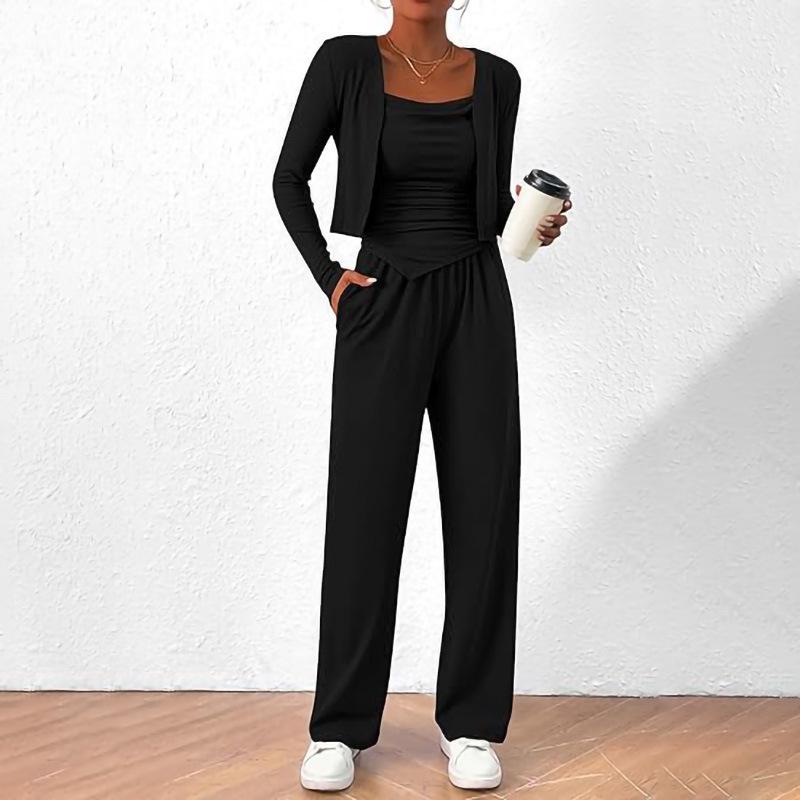 

Женский кардиган из трех частей на осень/зиму 2025: Однотонный жилет, широкие брюки для通勤 XL