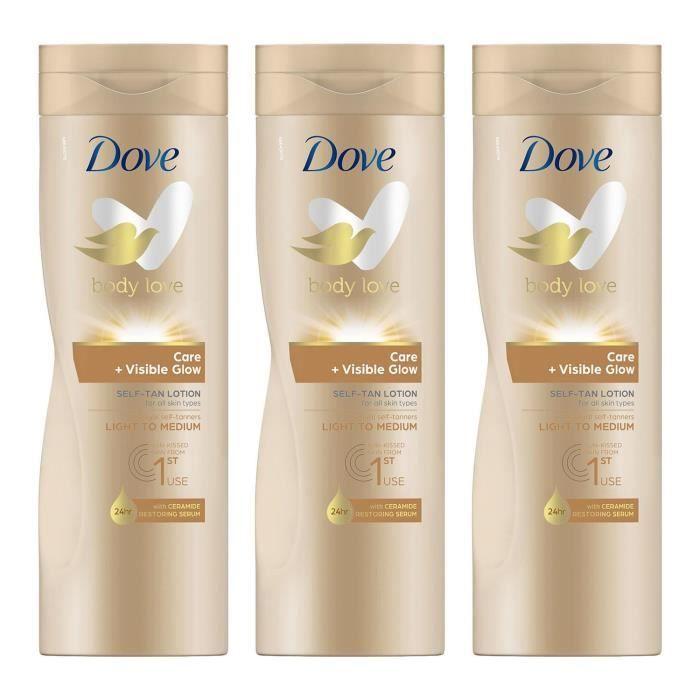 Lotion Auto-Bronzante Nourrissante Dove Visible Glow Pour Peau Claire À Moyenne, 3x400ml