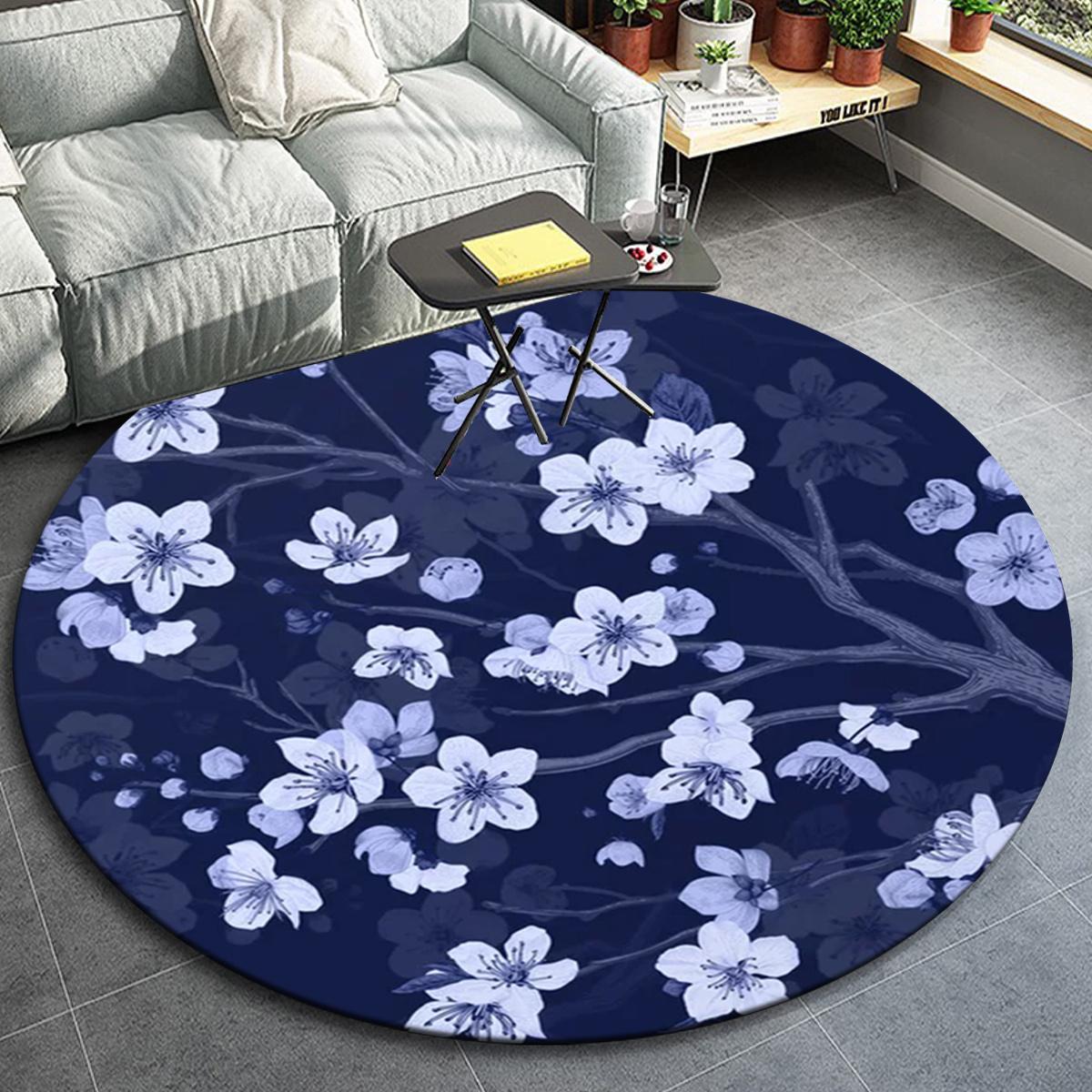 

1pc Blue Sakura Flower Pattern Round Floor Mat, Non-slip for Living Room Bedroom Chair Carpets Home Decor Gifts, Home Decor Room Decor Outdo 80cm by 80cm