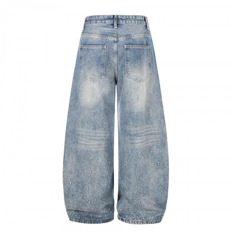 Womens Baggy Wide Leg Jeans Streetwear Distressed Rhinestone Denim Pants Slimming Flared Trousers