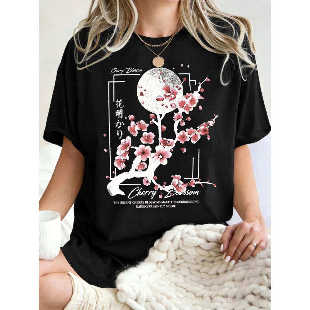 Japanese Cherry Blossom Design Women'S T-Shirt Loose Cotton T Shirts Crewneck Trendy Short Sleeve Y2K Summer Casual Streetwear