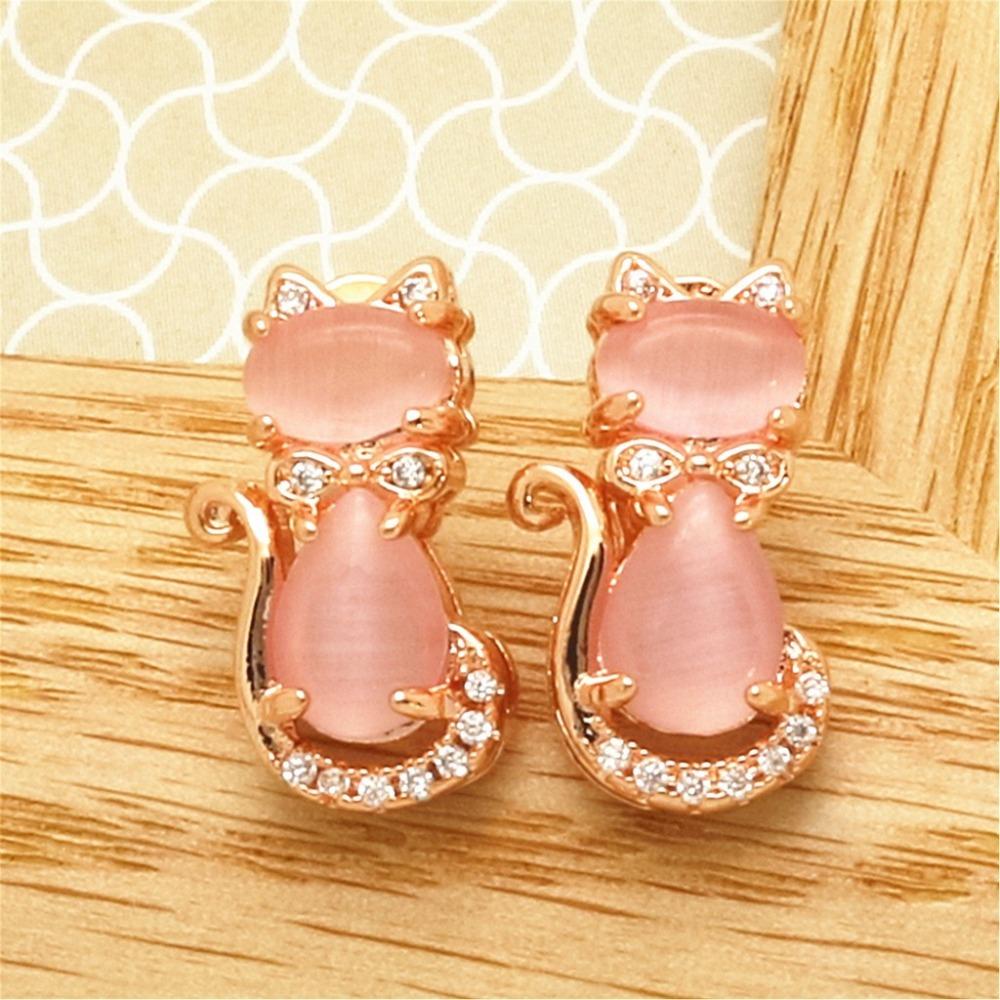 18K Rose Gold Plated Silver Cat Earrings Pink Quartz Imitation Cute Kitty Stud Earrings for Women Trendy Jewelry Gift