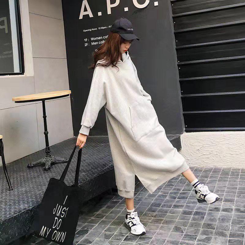 Damen Plus Size Kapuzenpullover Kleid Locker Langarm Einfarbig Fleecegefüttert A-Linie Maxikleid Große Größe Freizeit Tasche Herbst Winter Oberbekleidung