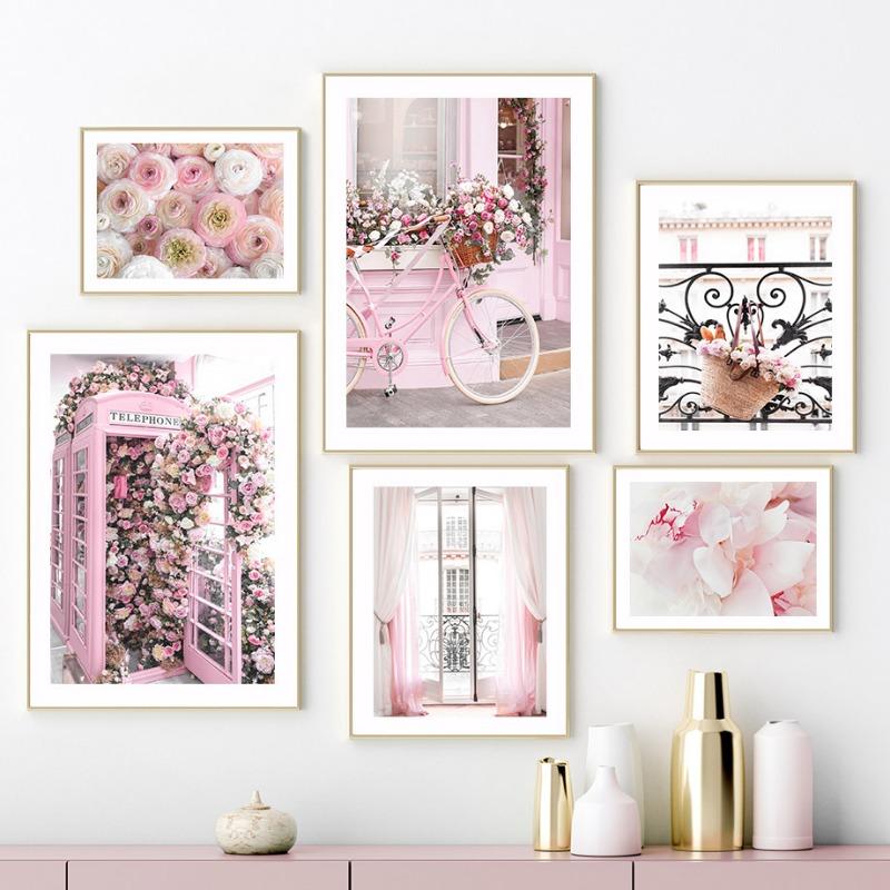 Paris Cherry Blossoms Rose Pavilion Bicycle Wall Art Canvas Painting Posters & Prints Hotel Cafe Pictures for Living Room Decor