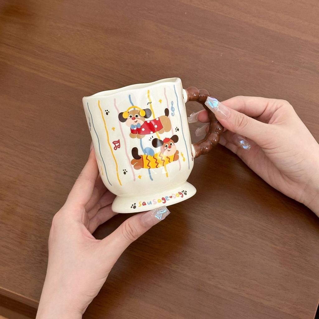 Cute Dachshund Dog Goblet Household Drinking Water Mug with Lid Spoon Office Ceramic Breakfast Coffee Milk Cup