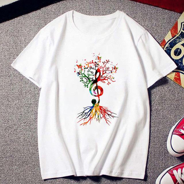 Fashion Creative Musical Note Printed T Shirt Female Harajuku Tshirt Ulzzang Clothes Vintage New White T -Shirt Women Tees Tops