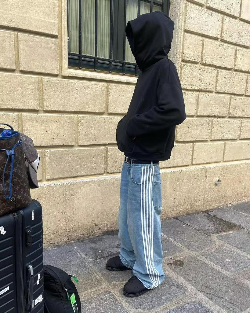 Jeans da strada unisex Y2K Pantaloni in denim Hip Hop Retro a righe ricamati Jeans larghi da uomo e da donna Pantaloni a gamba larga a vita alta