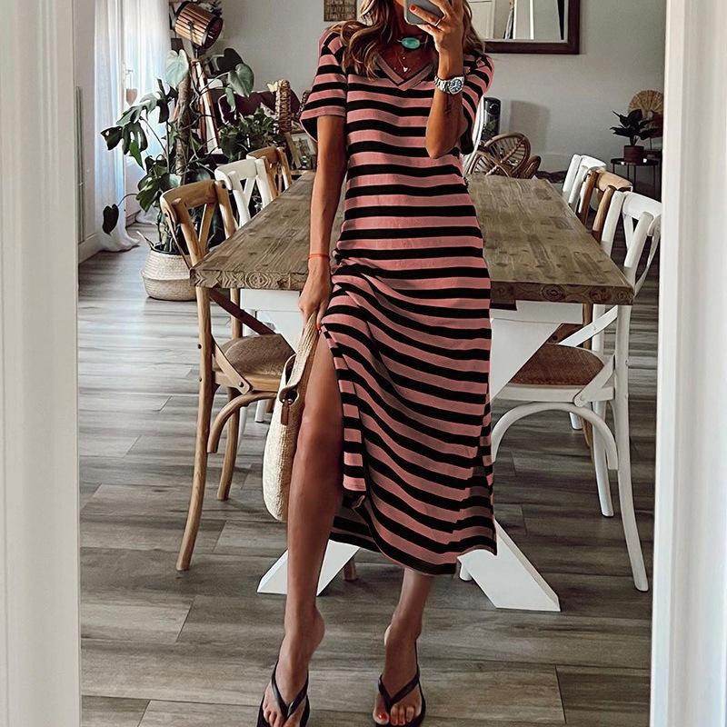 Women's Dress Short-sleeved V-neck Loose Striped Print Slit Long Dress