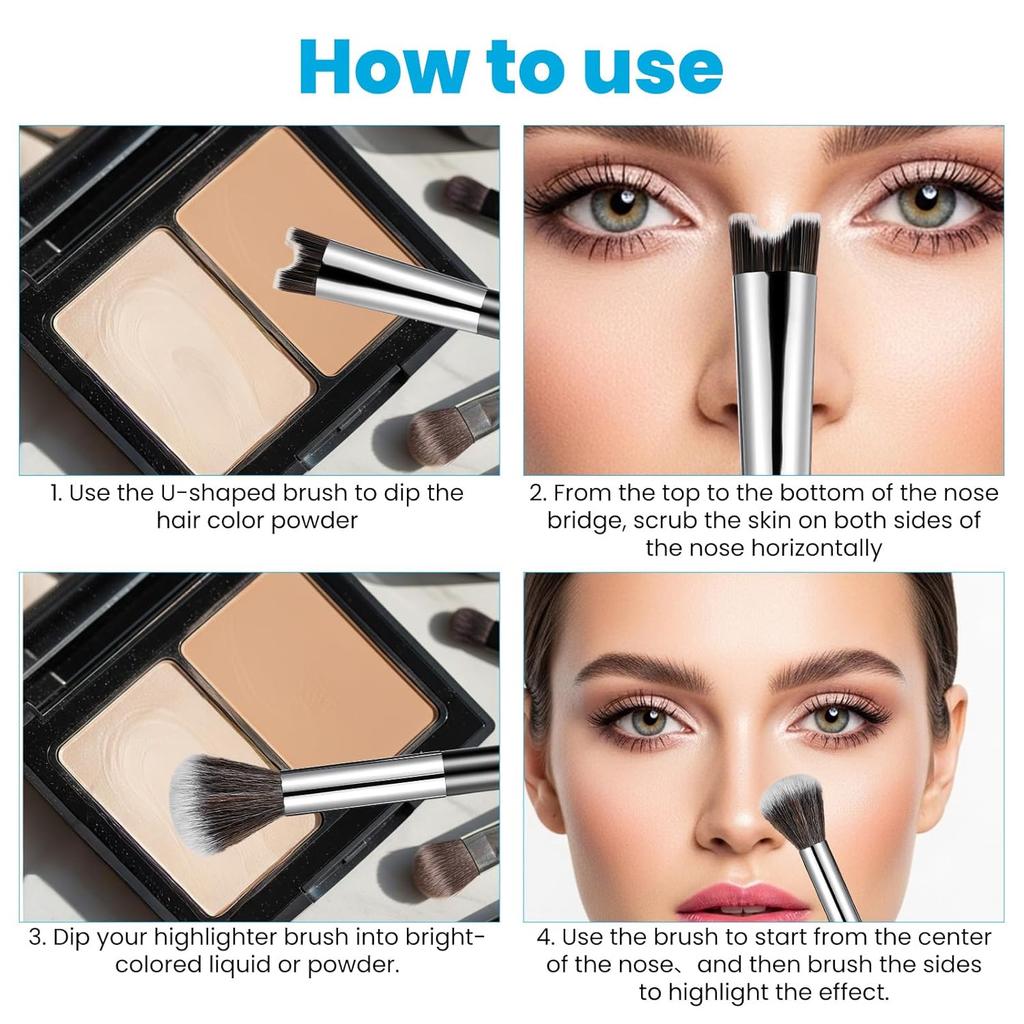 2 In 1 Nose Contour Brush, U-Shaped Nose Sculpting & Blush Brush Dual-Ended Fluffy Contouring Brushes Precision Defining Angled Cheek Bones,