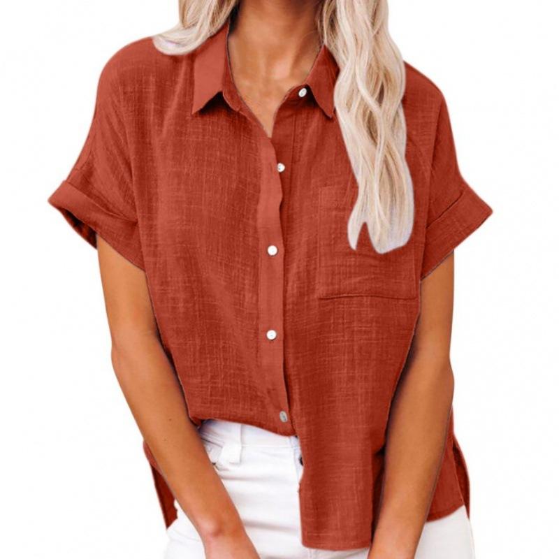 Frauen Sommer Einfarbig Baumwolle Leinen Shirts Revers Kurzarm Button Up Unregelmäßige Tasche Blau Weißes Hemd