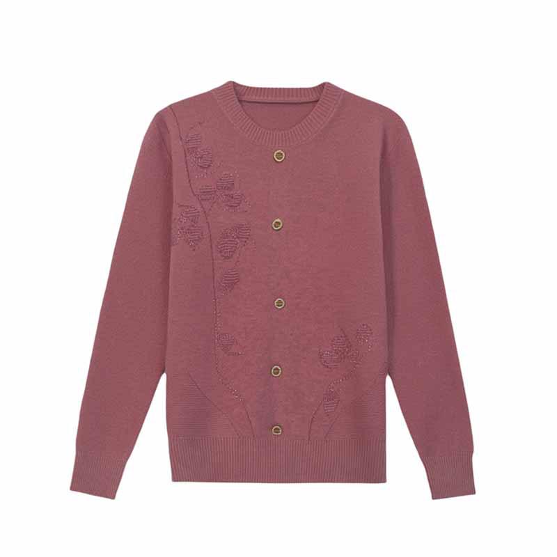 Women's Versatile Round Neck Embroidered Cardigan - Knitwear for Middle-aged and Elderly, Spring & Autumn, Mercerized Cotton