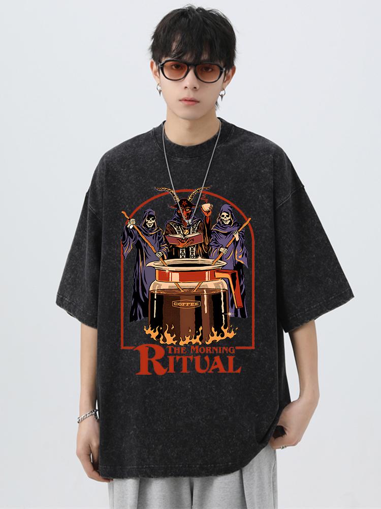 The Morning Ritual Coffee Funny Washed Retro Men T Shirts Summer Cotton T-Shirts Breathable Loose Clothes