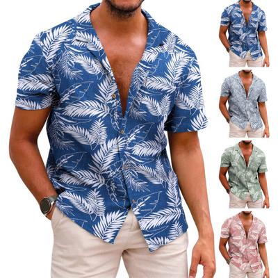 Männer Sommer Revers Kurzarm Shirt Top Blätter Drucken Einreiher Dünne Hawaiian Strand Casual Hemd Streetwear