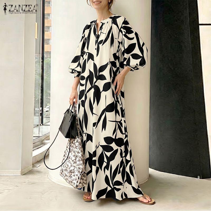 ZANZEA Women Boho Print Loose Casual Round Neck 3/4 Sleeve Long Dress