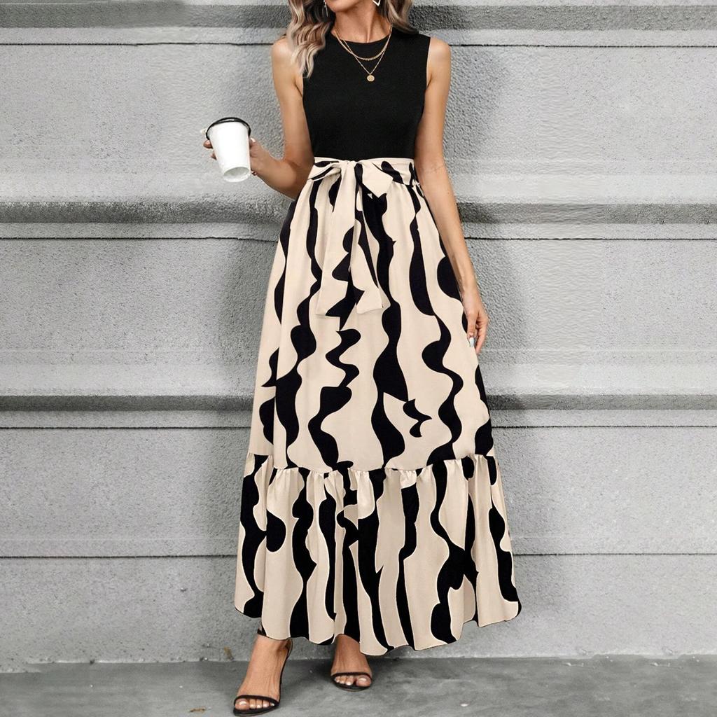 Women's Floral Print High Waist Fashionable And Elegant Sleeveless Dress