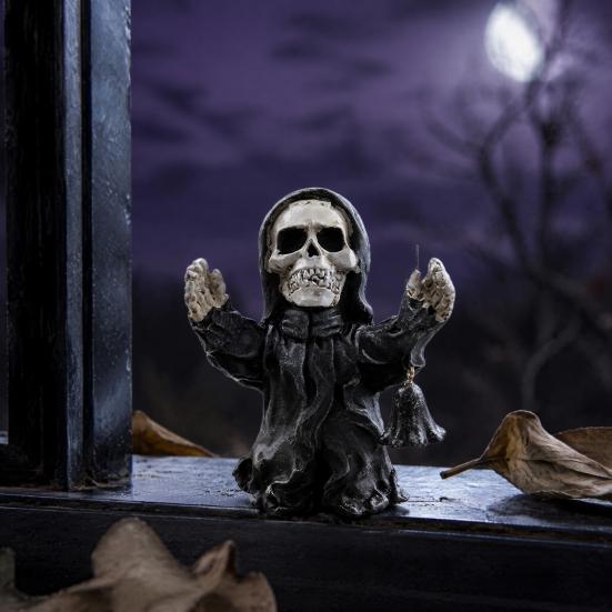 Small Halloween Statues for Shelves Resin Figurine, Spooky Skeleton Pumpkin Ghost Statue Home Accents Tiered Tray, Tabletop, Shelf, Indoor Kitchen