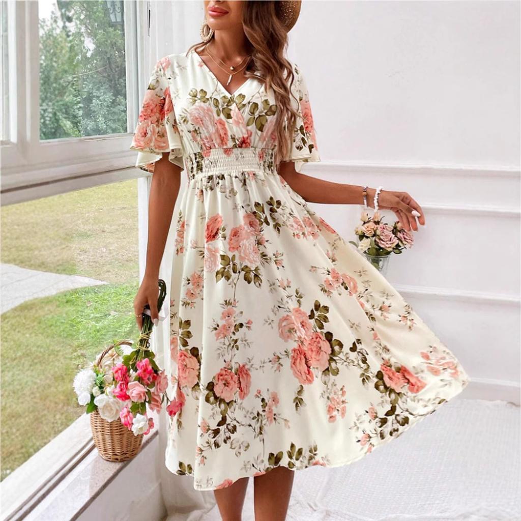 Women's Floral Print V-Neck Short Sleeve Elastic Waist A-Line Dress