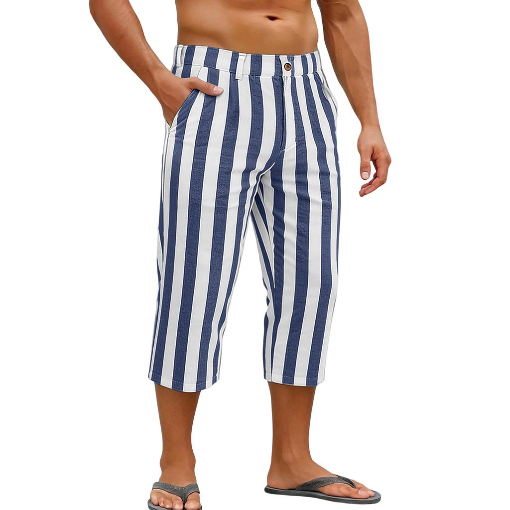 Men's Sports and Casual Striped Cropped Pants with Elastic Waist Straight Leg
