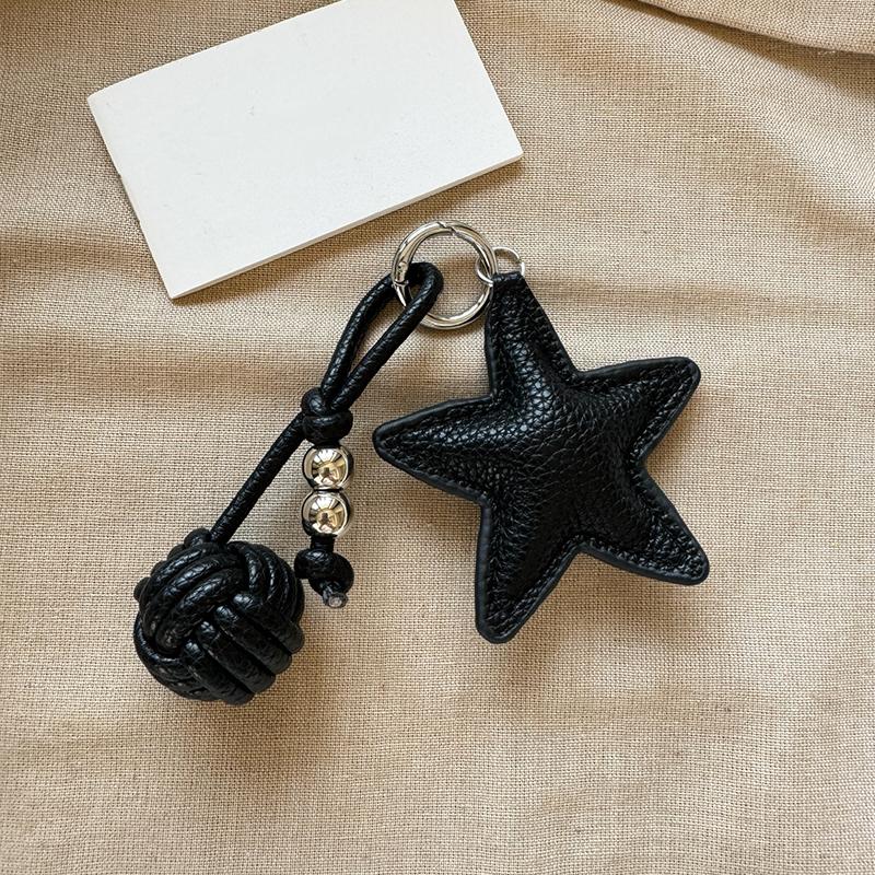 Leather Star Keychain Pentagram Car Keyring with Woven Leather Rope Ball Pendant Creative Bag Pendant Decoration for Women
