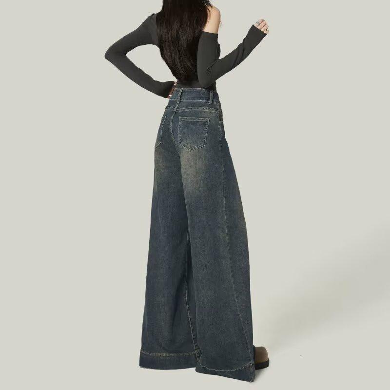 Retro nostalgic blue wide-leg jeans women's autumn high waist loose elastic and thin drape loose floor long pants