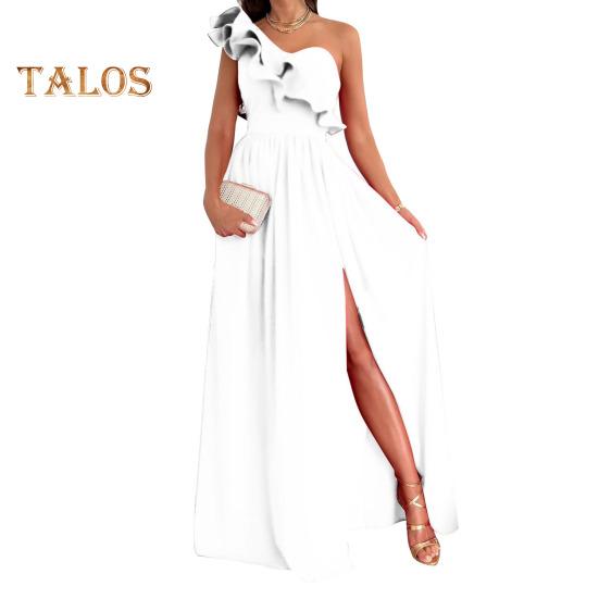 Lady Evening Dress One Shoulder Sleeveless Split Hem Solid Color Ruffle Pleated Solid Color Off Shoulder Prom Cocktail Party Maxi Dress Ball Gown