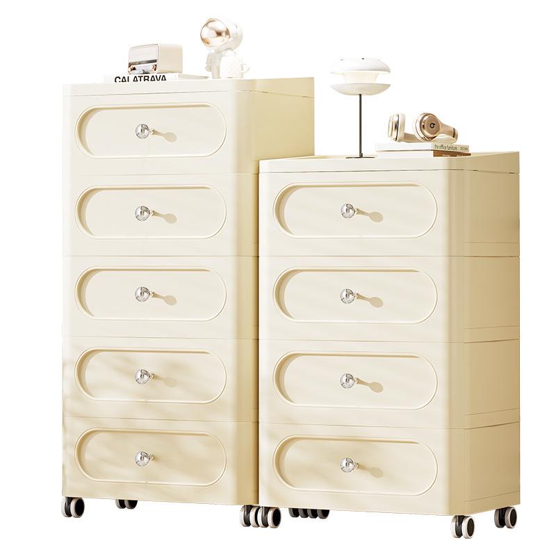 Cream Style Plastic Storage Cabinet: Thick Drawer-Type Bedside Table for Bedroom or Living Room Snack Storage.