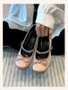 Xiaoxiangfeng pink round head thick heel silver Mary Jane shoes bow single shoes women's skirt ballet high heels