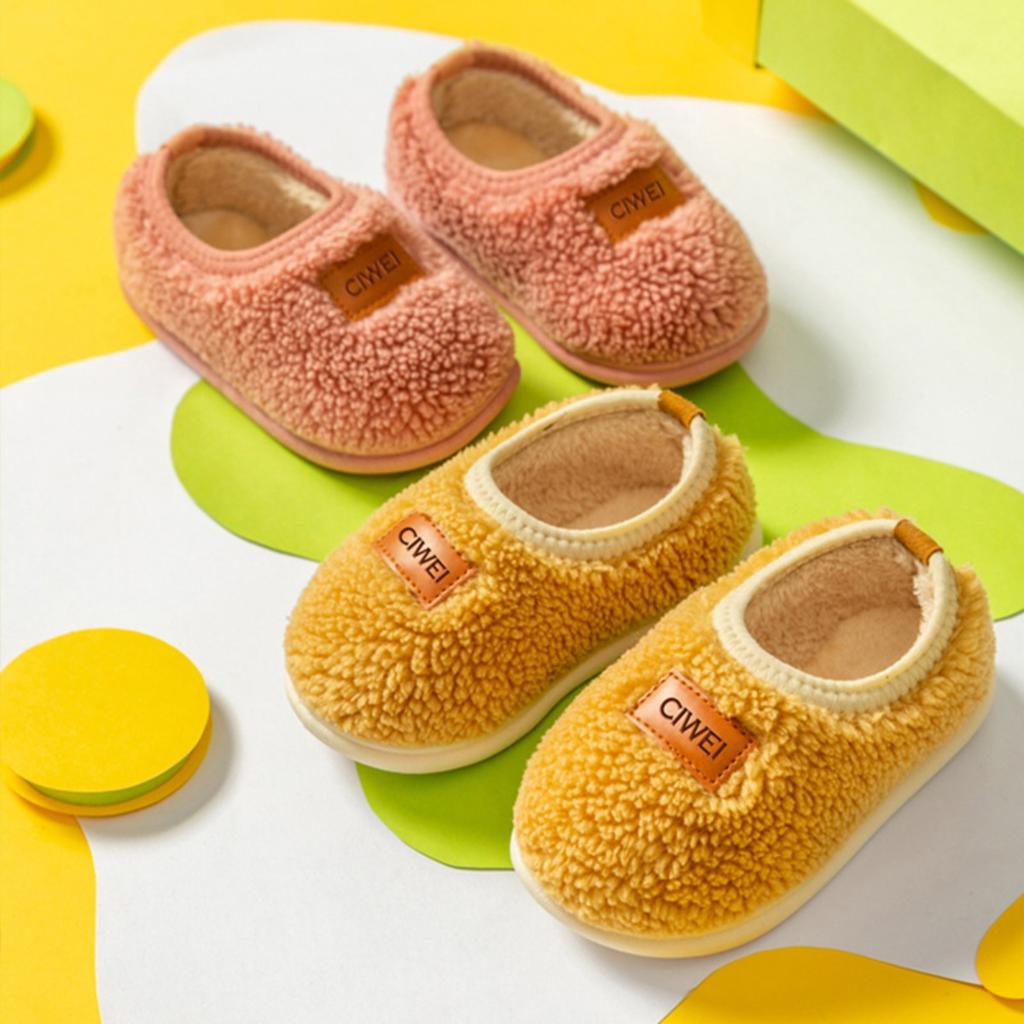 Children's Cotton Slippers, Winter Hairy Shoes, 1-6 Year Old Female Baby Bags, Heels, Indoor Home Cotton Shoes, Warm Slippers