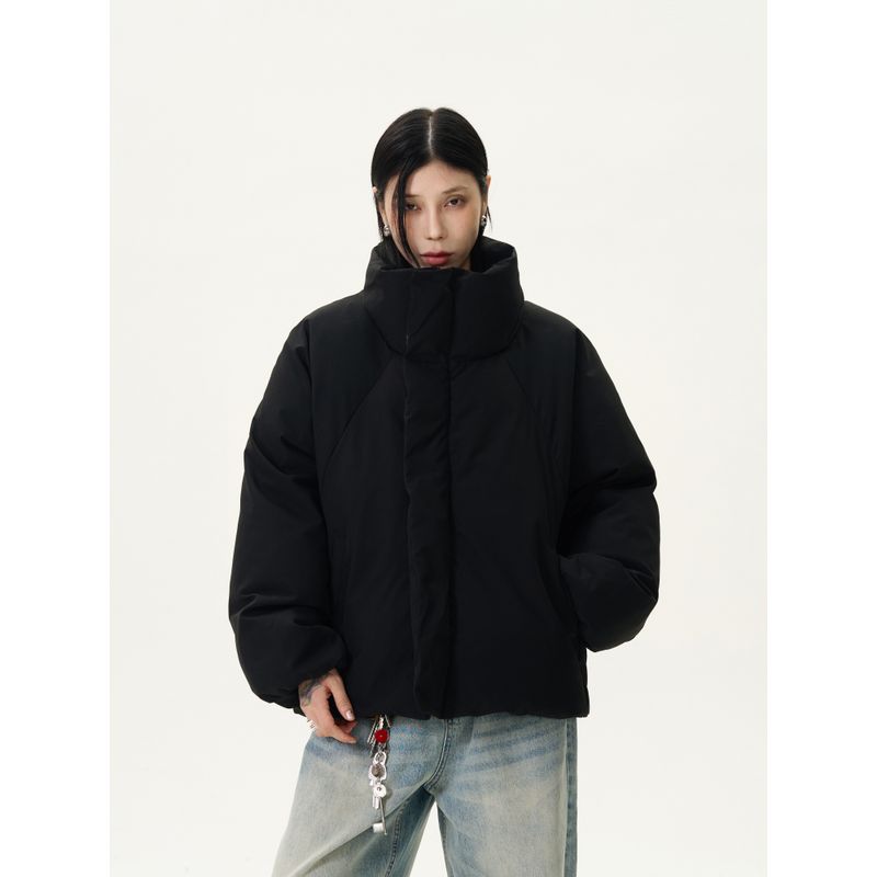 Kisko Winter Thickened Warm Deconstructed Design Stand Collar Black Cotton Jacket Unisex Casual Puffer Short Wide Coat