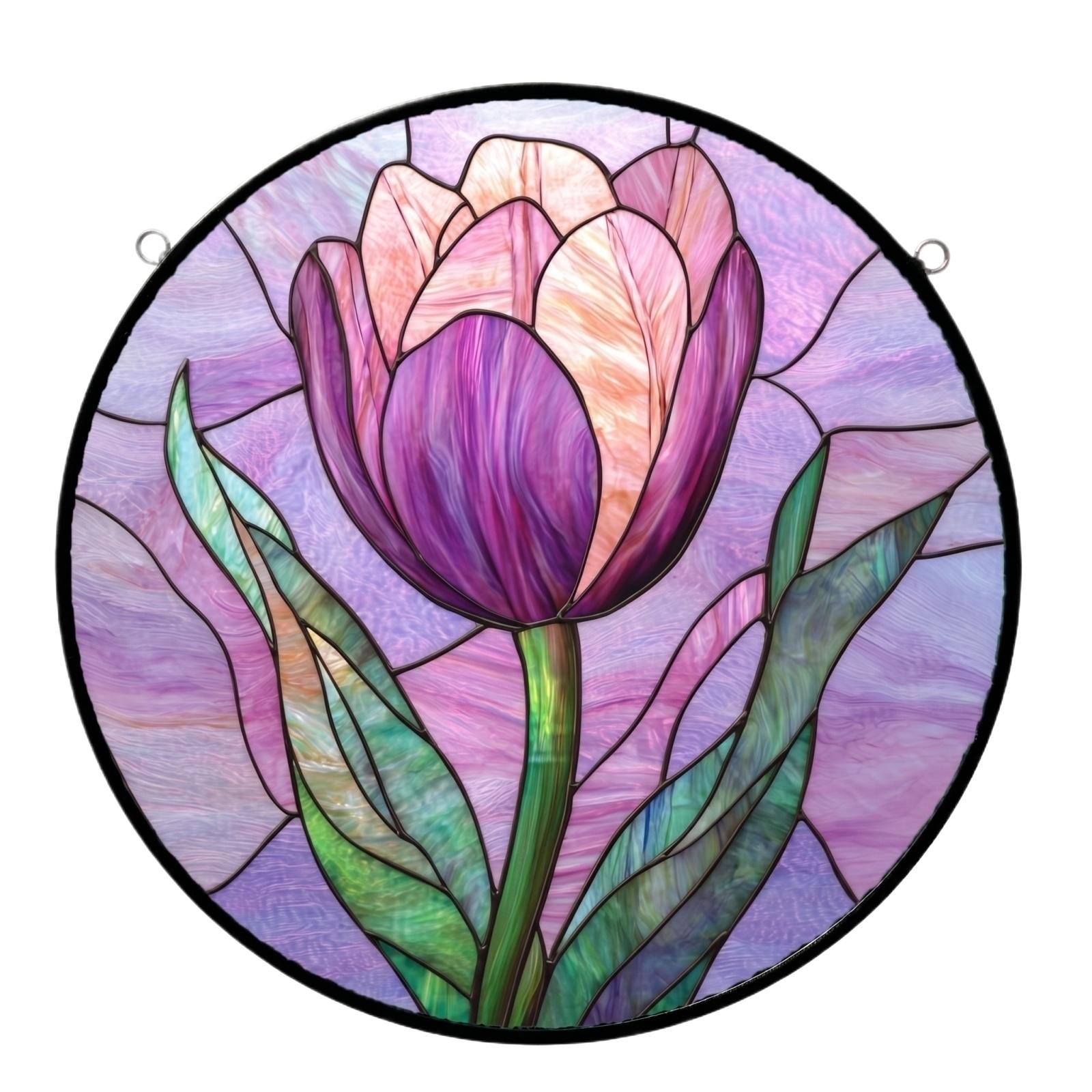 

Round Stained Glass Window Hanging Suncatcher with Tree and River Landscape Design Decorative Panel for Indoor Outdoor Use one size