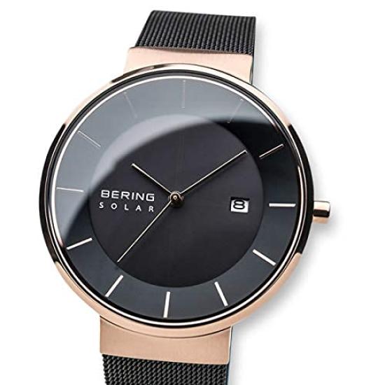 BERING Solar Homme et Femme (Unisexe) Bracelet en maille d'acier inoxydable noir x or rose, verre saphir 16439-166, produit importé authentique, garantie de 3 ans