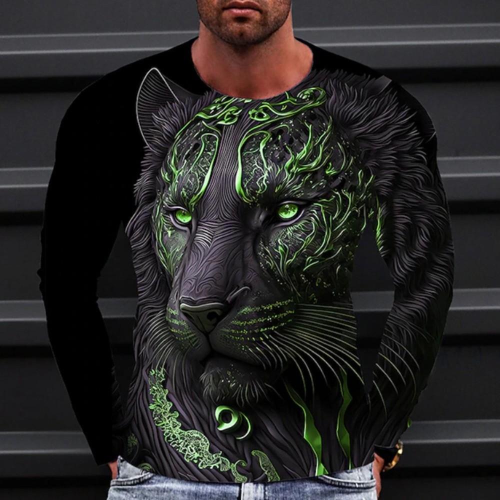Trendy essential! 3D wolf print long-sleeve T-shirt, stylish casual wear.