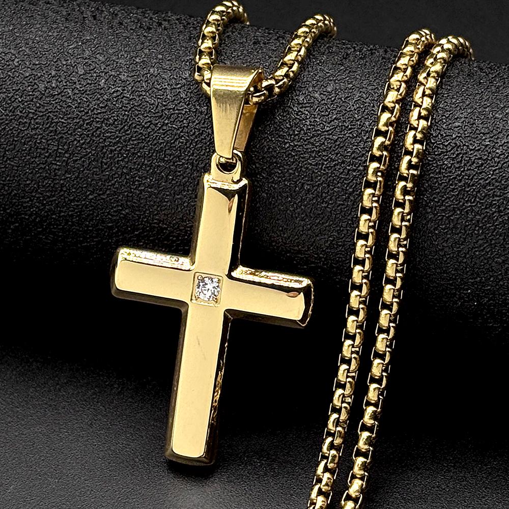 Minimalist Cross Pendant Rhinestone Pendant Necklace for Men Women Stainless Steel Christian Hip Hop Chain Faith Jewelry Gift