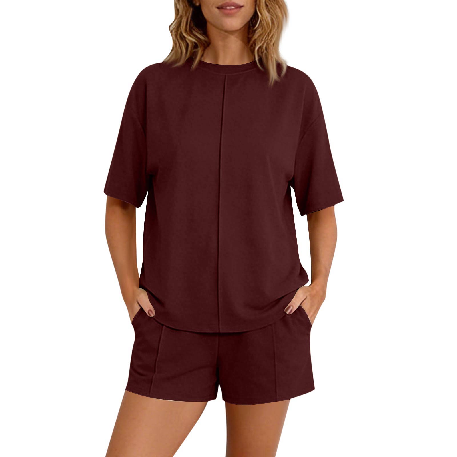 

Women s 2-Piece Fashionable Casual Loose-Fit Short-Sleeve Top And Shorts Set XXL винный