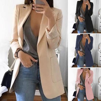 Langarm Große Taschen Mittellange Anzugjacke Büroarbeit Revers Offene Stich Strickjacke Blazer Oberbekleidung